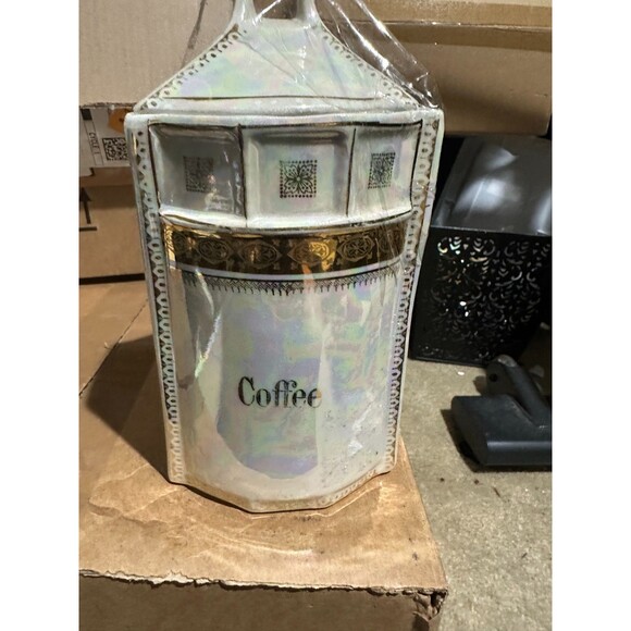VTG Coffee Canister Iridescent Lusterware Porcelain Gold Lettering German - Picture 1 of 5